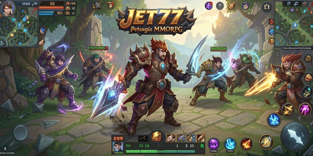 Screenshot utama JET77 menampilkan suasana pertarungan epik dalam MMORPG.