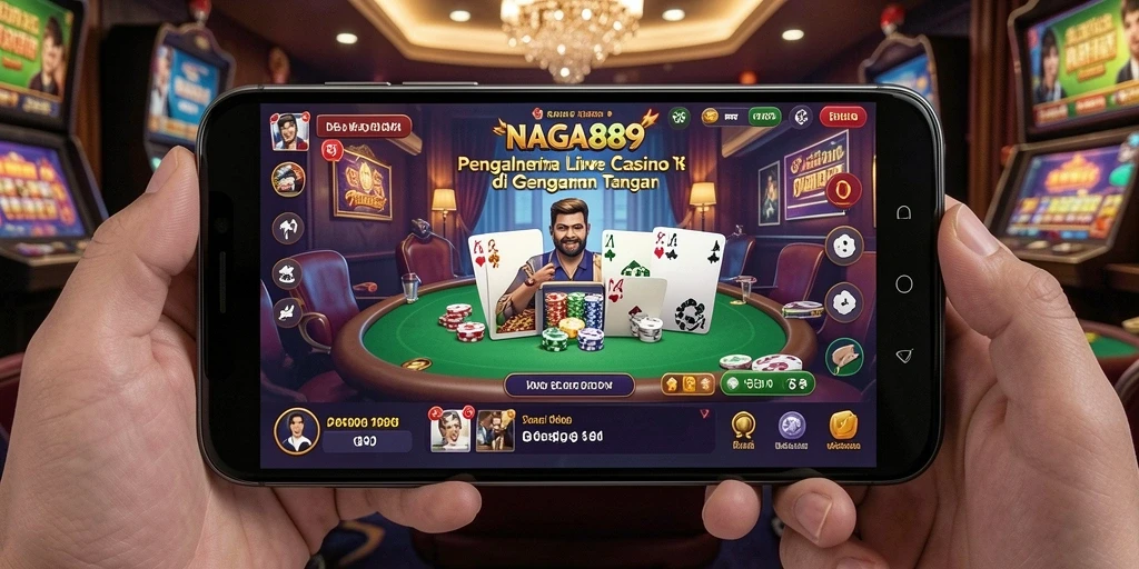 Screenshot gameplay NAGA889 menampilkan dealer langsung dan suasana kasino yang nyata.