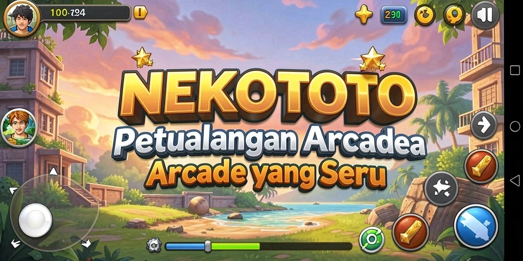 Screenshot gameplay NEKOTOTO menampilkan karakter yang sedang beraksi di level yang penuh warna.