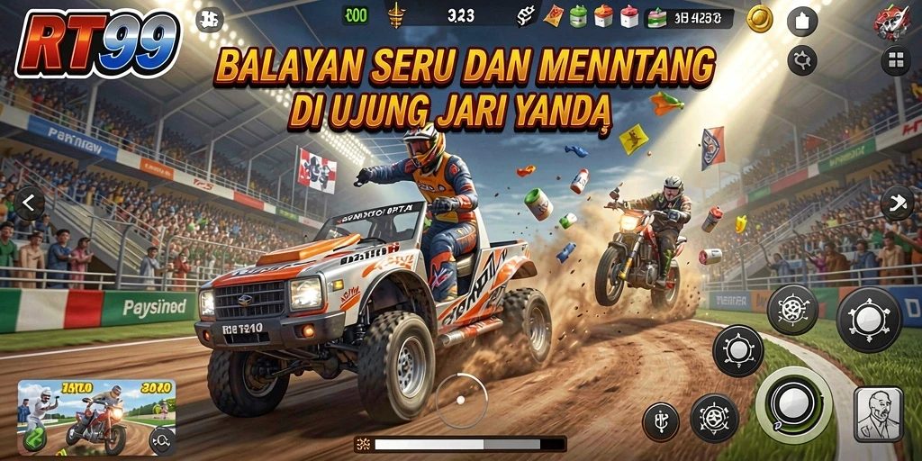 Gameplay RT99 yang seru dengan balapan mendebarkan dan kendaraan yang bervariasi.