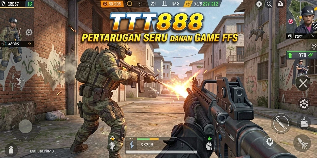 Screenshot utama TTT888 menampilkan aksi pertempuran FPS yang intens.