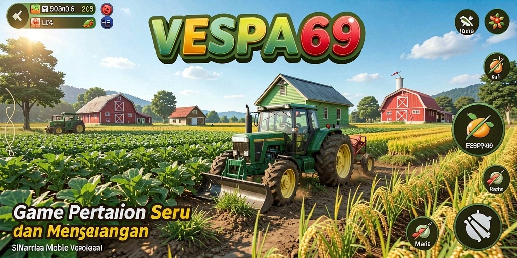 Screenshot dari gameplay VESPA69 yang menunjukkan ladang subur dan hewan ternak.